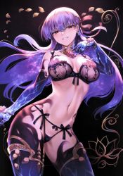 Rule 34 | 1girl, absurdres, armlet, bare shoulders, blue hair, blush, bow, bow bra, bow panties, bra, bracelet, breasts, collar, contrapposto, cowboy shot, duplicate, earrings, fate/grand order, fate (series), flower, hair between eyes, hair ribbon, hand up, highres, jewelry, kama (fate), kama (third ascension) (fate), large breasts, lingerie, long hair, looking at viewer, lotus, mashuu (neko no oyashiro), metal collar, multicolored hair, navel, panties, parted lips, purple bra, purple hair, purple panties, purple thighhighs, red eyes, red ribbon, ribbon, scan, silver hair, skindentation, smile, solo, standing, stomach, thighhighs, thighlet, thighs, underwear
