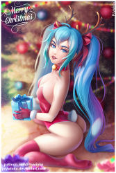Rule 34 | 1girl, alternate hair color, antlers, arched back, artist name, ass, bell, blue hair, blurry, bow, box, breasts, choker, christmas ornaments, christmas tree, depth of field, deviantart username, from side, fur-trimmed gloves, fur trim, gift, gloves, hair bow, hair ribbon, hatsune miku, holding, holding box, holding gift, horns, indoors, leotard, long hair, looking at viewer, md5 mismatch, medium breasts, merry christmas, neck bell, parted lips, patreon username, playboy bunny, prywinko, rabbit tail, red bow, red choker, red gloves, red leotard, red ribbon, red thighhighs, ribbon, sitting, snowflake print, solo, tail, teeth, thighhighs, very long hair, vocaloid, wariza, watermark, web address