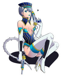 Rule 34 | 10s, 1girl, bad id, bad pixiv id, bare shoulders, blue eyes, blue hair, blue rose (tiger &amp; bunny), boots, breasts, cleavage, dual wielding, earrings, elbow gloves, fingernails, fingernails over gloves, full body, gloves, gun, hat, heart, high heels, highres, holding, jewelry, karina lyle, lipstick, makeup, matching hair/eyes, medium breasts, shoes, short hair, simple background, sitting, solo, superhero costume, thigh boots, thighhighs, tiger &amp; bunny, weapon, white background, yukimatsu
