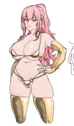 Rule 34 | 1girl, bikini, breasts, gloves, gold bikini, hand on own hip, highres, hololive, hololive english, huge breasts, long hair, looking at viewer, micro bikini, mori calliope, pink eyes, pink hair, ponytail, pubic hair, smugigante, solo, swimsuit, thighhighs, thighs