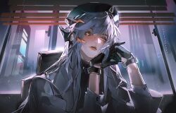 Rule 34 | 1girl, alternate costume, arknights, black gloves, black hat, black shirt, blush, building, chair, dragon horns, eyebrows hidden by hair, gloves, grey hair, grey jacket, hands up, hat, highres, horns, indoors, jacket, lips, lipstick, llmia4, long hair, long sleeves, looking at viewer, makeup, on chair, open clothes, open jacket, orange eyes, own hands together, parted lips, saria (arknights), shirt, sitting, skyscraper, solo, upper body, window