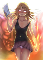 Rule 34 | 10s, 1girl, blush, collarbone, constricted pupils, dagashi kashi, ear piercing, endou saya, fang, fang out, fire, flat chest, floating hair, hair ornament, hairclip, hannya, light trail, long hair, looking at viewer, nikuku (kazedesune), panties, pantyshot, parted lips, piercing, pleated skirt, revision, sketchbook, skirt, solo, standing, strap slip, tank top, underwear, white panties, yellow eyes