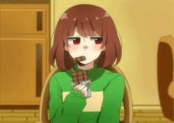 Rule 34 | androgynous, animated, animated gif, bad id, bad tumblr id, blush, brown hair, candy, chair, chara (undertale), chewing, chocolate, chocolate bar, food, food in mouth, gender request, indoors, interior, looking to the side, red eyes, rii (riikugakis), shirt, sitting, solo, spoilers, striped clothes, striped shirt, undertale, upper body