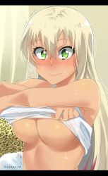 Rule 34 | 1girl, absurdres, animal print, blonde hair, blush, breasts, closed mouth, colorized, gal gohan, gaston18, green eyes, gyaru, hair between eyes, highres, kogal, large breasts, leopard print, letterboxed, long hair, looking at viewer, motion lines, no bra, nose blush, okazaki miku, open mouth, pink lips, surprised, sweat, taiyou marii, tan, tank top, trembling, underboob, undressing, upper body, wavy mouth