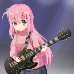 Rule 34 | 1girl, black skirt, blue eyes, bocchi the rock!, closed mouth, commentary request, cube hair ornament, electric guitar, gotoh hitori, guitar, hair between eyes, hair ornament, highres, holding, holding instrument, instrument, jacket, koyuki (azumaya999), long hair, long sleeves, looking at viewer, one side up, pink hair, pink jacket, pleated skirt, puffy long sleeves, puffy sleeves, skirt, sleeves past wrists, solo, very long hair
