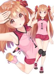 Rule 34 | 1girl, arm up, armpits, bare arms, bare shoulders, blush, breasts, brown eyes, brown hair, closed mouth, hair between eyes, hair ribbon, hand up, highres, k mugura, knee pads, long hair, multiple views, nozomi (princess connect!), parted lips, pink footwear, pink shirt, princess connect!, red ribbon, red shorts, ribbon, shirt, shoes, short shorts, shorts, simple background, sleeveless, sleeveless shirt, small breasts, smile, socks, standing, standing on one leg, sweat, two side up, very long hair, white background, white legwear