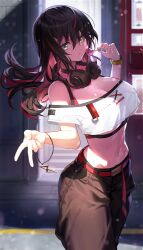 Rule 34 | 1girl, bare shoulders, belt, black choker, black hair, black pants, blurry, blurry background, bokeh, bra strap, breasts, candy, choker, cleavage, closed mouth, crop top, crop top overhang, depth of field, expressionless, food, goomrrat, green eyes, hand up, headphones, headphones around neck, highres, holding, holding candy, holding food, holding lollipop, large breasts, lollipop, long hair, looking at viewer, midriff, mole, mole under eye, multicolored hair, navel, off-shoulder shirt, off shoulder, original, pants, red hair, shirt, short sleeves, solo, standing, stomach, two-tone hair, underboob, v, watch, white shirt, wristwatch