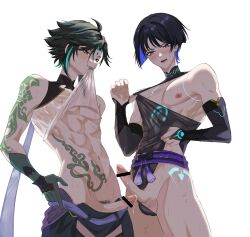 Rule 34 | 2boys, abs, arm tattoo, bar censor, black hair, black sleeves, blue hair, censored, clothes lift, didin ed, facial mark, forehead mark, genshin impact, gloves, green gloves, green hair, hair between eyes, highres, japanese clothes, male focus, multicolored hair, multiple boys, muscular, muscular male, nipples, open clothes, open mouth, open shirt, penis, pubic hair, purple eyes, scaramouche (genshin impact), shirt lift, short hair, stomach tattoo, tattoo, testicles, wanderer (genshin impact), white background, xiao (genshin impact), yellow eyes