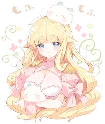 Rule 34 | 1girl, arms under breasts, blonde hair, blunt bangs, blush, bow, breast hold, breasts, cleavage, closed mouth, commentary request, copyright request, creature, crossed arms, dress, hair flaps, head tilt, kurokuma (kuro kumagaya), large breasts, long hair, looking at viewer, on head, pink bow, pink dress, puffy short sleeves, puffy sleeves, short sleeves, simple background, smile, solo, translation request, upper body, very long hair, white background, wrist cuffs