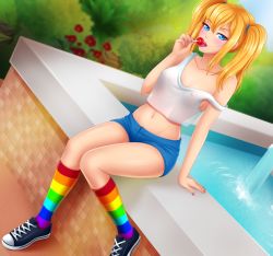 Rule 34 | 1girl, arm support, bare shoulders, blonde hair, blue eyes, blush, breasts, candy, collarbone, covered erect nipples, cross-laced footwear, eyelashes, fap ceo, feet out of frame, female focus, fingernails, food, fountain, groin, half-closed eyes, holding, holding candy, holding food, holding lollipop, legs, licking, lips, lipstick, lizzie (fap ceo), lollipop, looking at viewer, makeup, medium breasts, midriff, multicolored clothes, multicolored legwear, nail polish, navel, nipples, off shoulder, open mouth, outdoors, pink nails, shiny skin, shoes, short shorts, shorts, sitting, sneakers, socks, solo, strap slip, tank top, teeth, tongue, tongue out, twintails, undershirt, upper teeth only