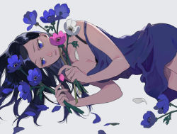 Rule 34 | 1girl, bare arms, bare shoulders, black bra, black hair, blue dress, blue eyes, blue flower, bra, breasts, brown nails, camellia, cleavage, closed mouth, collarbone, cowboy shot, dark-skinned female, dark skin, dress, expressionless, eyelashes, fingernails, flower, frown, grey background, holding, holding flower, long hair, looking down, lying, messy hair, n iwano, nightgown, on side, original, petals, pink flower, simple background, small breasts, solo, thighs, underwear, white flower, worried