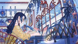 Rule 34 | 1girl, bare shoulders, black hair, chair, earrings, glasses, glowing, holding, holding paper, holding quill, indoors, jewelry, leaf, long hair, long sleeves, original, paper, plant, potted plant, profile, quill, shirt, signature, sitting, solo, table, umishima senbon, writing, yellow shirt