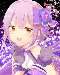 Rule 34 | 1girl, aoi (annbi), bare shoulders, blush, bow, brown eyes, character name, collarbone, flower, gloves, hair bow, happy birthday, highres, idolmaster, idolmaster cinderella girls, idolmaster cinderella girls starlight stage, jewelry, koshimizu sachiko, looking at viewer, necklace, open mouth, purple bow, purple gloves, purple hair, short hair, smile, solo