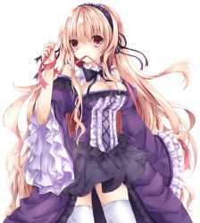 Rule 34 | 1girl, bad id, bad pixiv id, blonde hair, bow, breasts, cleavage, dress, hairband, juliet sleeves, large breasts, long hair, long sleeves, looking at viewer, mouth hold, nanase nao, original, pink eyes, puffy sleeves, purple dress, ribbon, ribbon in mouth, simple background, solo, thighhighs, very long hair, white background, white thighhighs, wide sleeves, zettai ryouiki