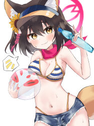 Rule 34 | 1girl, absurdres, animal ear fluff, animal ears, armpits, ball, bikini, blue archive, bottle, breast press, breasts, carrying, cleavage, commentary request, denim, denim shorts, eyeshadow, fox ears, fox girl, fox tail, hair between eyes, hair ornament, halo, highres, holding, holding ball, holding bottle, izuna (blue archive), izuna (swimsuit) (blue archive), looking at viewer, makeup, medium breasts, medium hair, navel, official alternate costume, one side up, pom pom (clothes), pom pom hair ornament, ramune, red eyeshadow, red scarf, scarf, shiroron mochi, short shorts, shorts, sidelocks, simple background, sleeveless, solo, spaghetti strap, stomach, striped bikini, striped clothes, sweat, swimsuit, tail, visor cap, wavy mouth, white background