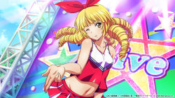 Rule 34 | 1girl, bare arms, blonde hair, bow, bow hairband, brown eyes, crop top, day, drill hair, floating hair, groin, hair bow, hairband, highres, idol, ikkitousen, long hair, looking at viewer, midriff, minamoto kurou yoshitsune (ikkitousen), miniskirt, navel, official art, one eye closed, outdoors, pleated skirt, red bow, red hairband, red skirt, skirt, sleeveless, solo, stage, stomach