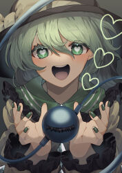 Rule 34 | 1girl, :d, absurdres, black hat, blouse, blush, bow, bright pupils, commentary request, eyelashes, fingernails, frilled shirt collar, frilled sleeves, frills, green eyes, green hair, green nails, hair between eyes, hands up, hat, hat bow, heart, heart-shaped pupils, highres, komeiji koishi, kosumorean007, long sleeves, looking at viewer, medium hair, open mouth, shirt, smile, solo, symbol-shaped pupils, teeth, third eye, tongue, touhou, upper body, upper teeth only, white pupils, yellow bow, yellow shirt