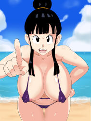 Rule 34 | 1girl, absurdres, armpits, belly, bikini, black hair, blue sky, blush, breasts, cameltoe, censored, chi-chi (dragon ball), curvy, darm engine, day, dragon ball, hair bun, hand on own hip, highres, index finger raised, large areolae, large breasts, looking at another, looking at viewer, navel, nipples, purple bikini, serious, shiny skin, sky, solo, standing, stomach, swimsuit, thighs, third-party edit, thong, thong bikini, wide hips