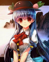 Rule 34 | 1girl, alternate breast size, bad id, bad pixiv id, blue hair, blush, breasts, female focus, food, fruit, hat, hinanawi tenshi, large breasts, leaf, lens flare, long hair, looking at viewer, peach, red eyes, ryuuzaki ichi, smile, solo, touhou