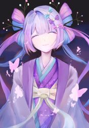 Rule 34 | 1girl, ^ ^, blue hair, bow, branch, bug, butterfly, chouzetsusaikawa tenshi-chan, closed eyes, closed mouth, facing viewer, fanny (xinjinjumin8733647), gekkou chou, hair bow, highres, insect, japanese clothes, kimono, long hair, multicolored hair, needy girl overdose, official alternate costume, pink hair, pink kimono, smile, solo, upper body, white hair, yellow bow
