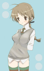 Rule 34 | 00s, 1girl, arms behind back, blue background, blush, braid, brown eyes, brown hair, cowboy shot, eitomo haruno, long sleeves, lynette bishop, necktie, no pants, panties, shirt, short hair, simple background, single braid, smile, solo, standing, strike witches, striped clothes, striped thighhighs, sweater vest, thighhighs, underwear, white panties, white shirt, world witches series