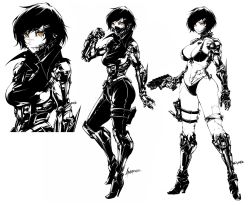 Rule 34 | 1girl, andyface, arm blade, bikini, breasts, collage, commentary, cyborg, english commentary, exposed muscle, full body, gun, handgun, handy ace (andyface), high contrast, highres, holding, holding gun, holding weapon, holster, jacket, large breasts, leather, leather jacket, leather pants, mechanical arms, mechanical legs, orange eyes, original, pants, pile bunker, scar, scar across eye, scar on face, short hair, solo, spot color, stitches, swimsuit, thigh holster, weapon, white background