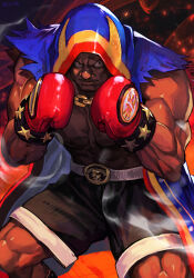 Rule 34 | 1boy, abs, balrog (street fighter), belt, boxing gloves, boxing shorts, brown eyes, capcom, chain, chain necklace, dark-skinned male, dark skin, feet out of frame, fighting stance, gloves, hood, hood up, hooded coat, hungry clicker, jewelry, male focus, muscular, muscular male, necklace, red gloves, shorts, solo, street fighter, street fighter v