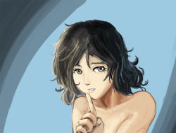 Rule 34 | 1girl, amagami, black hair, blue eyes, completely nude, finger to mouth, lips, nude, short hair, shushing, siaothe-sheep, solo, tanamachi kaoru, upper body, wavy hair