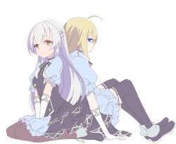Rule 34 | 2girls, ahoge, amano soraha, arm at side, assault lily, back-to-back, black dress, black footwear, black ribbon, black thighhighs, blonde hair, blue dress, blue eyes, brown pantyhose, closed mouth, dress, egawa kusumi, elbow gloves, flower, frilled dress, frilled sleeves, frills, from side, full body, gloves, green ribbon, grey hair, gumoyu, hair flower, hair ornament, hand on lap, long hair, looking ahead, looking at viewer, looking to the side, multiple girls, neck ribbon, pantyhose, profile, puffy short sleeves, puffy sleeves, ribbon, shoes, short sleeves, sideways glance, simple background, sitting, striped ribbon, thighhighs, two-tone dress, two-tone ribbon, very long hair, wariza, white background, white flower, white gloves, yellow eyes, yellow ribbon