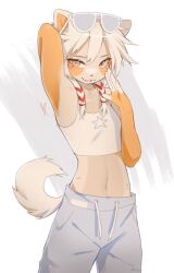 Rule 34 | 1girl, 27kchu, commentary, cowboy shot, crop top, english commentary, fang, furry, furry female, long hair, midriff, navel, open mouth, original, pants, star (symbol), star print, sunglasses, sweatpants, tail, twitter username, two-tone fur, upper body, white background, white hair, yellow eyes