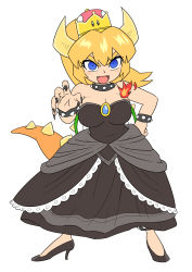 Rule 34 | 1girl, armlet, bad id, bad pixiv id, black collar, black dress, blonde hair, blue eyes, blush stickers, bowsette, bracelet, breasts, cleavage, collar, crown, dress, fangs, fingernails, full body, high heels, highres, horns, jewelry, junnosu, large breasts, long hair, looking at viewer, mario (series), new super mario bros. u deluxe, nintendo, open mouth, sharp fingernails, smile, solo, spiked armlet, spiked bracelet, spiked collar, spiked shell, spiked tail, spikes, strapless, strapless dress, super crown, tail, turtle shell