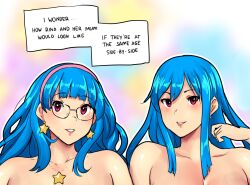 Rule 34 | 2girls, aged up, bare shoulders, blue hair, earrings, english text, erkaz, hairband, hand up, highres, jewelry, long hair, looking at viewer, mother and daughter, multiple girls, necklace, original, outline, parted lips, pink hairband, purple eyes, rina&#039;s mother (erkaz), rina atherina, smile, star (symbol), star earrings, star necklace, white outline