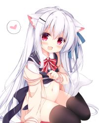 Rule 34 | 1girl, :d, animal ears, black bow, black thighhighs, black vest, blue bow, blush, bottomless, bow, brown jacket, collared shirt, commentary request, dog ears, dog girl, dog tail, dress shirt, fang, groin, hair between eyes, hair bow, hair ornament, hairclip, head tilt, heart, jacket, koinu-chan, kujou danbo, lifted by self, long hair, long sleeves, looking at viewer, navel, open clothes, open jacket, open mouth, original, red bow, red eyes, shirt, silver hair, simple background, smile, solo, spoken heart, striped, striped bow, tail, thighhighs, very long hair, vest, white background, white shirt