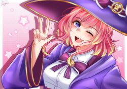 Rule 34 | 1girl, berliandevania, blush, bow, hat, highres, long sleeves, looking at viewer, maha5, one eye closed, pale skin, pink hair, purple eyes, rena anggraeni, ribbon, smile, solo, v, virtual youtuber, witch, witch hat