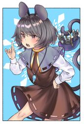 Rule 34 | 1girl, animal, animal ears, black dress, blush, capelet, dress, grey capelet, grey hair, highres, index finger raised, jewelry, long sleeves, mouse (animal), mouse ears, mouse tail, natsushiro, nazrin, open mouth, pendant, red eyes, short hair, solo, tail, touhou