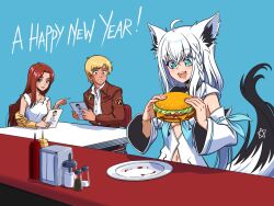 Rule 34 | 1boy, 2girls, ahoge, animal ear fluff, animal ears, blonde hair, blue eyes, blue neckerchief, blush, braid, breasts, burger, character request, cheese, copyright request, counter, detached sleeves, diner, drooling, earrings, fast food, food, fox ears, fox girl, fox tail, front slit, hair between eyes, highres, holding, holding food, hololive, hood, hoodie, jewelry, ketchup, ketchup bottle, lettuce, long hair, meat, mouth drool, multiple girls, mustard bottle, napkin, napkin holder, neckerchief, nyaring943, open mouth, pentagram, pepper shaker, pointing, pointing at another, red hair, restaurant, saliva, salt, salt shaker, sesame seeds, shirakami fubuki, shirakami fubuki (1st costume), side braid, sidelocks, simple background, single braid, smile, tail, tomato, tomato slice, virtual youtuber, white hair, white hoodie