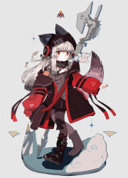 Rule 34 | 1girl, animal ears, arknights, beanie, black footwear, black pantyhose, blush, boots, breath, commentary, fox ears, fox girl, fox tail, frostleaf (arknights), full body, grey background, grey hair, halberd, hat, headphones, implied extra ears, jacket, jewelry, long hair, looking at viewer, necklace, pantyhose, polearm, red eyes, ryu (17569823), simple background, solo, tail, walking, weapon, weapon on back