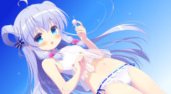 Rule 34 | 1girl, :d, ahoge, bare arms, bare shoulders, bikini, blue background, blue eyes, blue hair, blush, breasts, character request, commentary request, crop top, dutch angle, flower, flower knight girl, gradient background, hair between eyes, hair flower, hair ornament, hair rings, holding, long hair, looking at viewer, navel, open mouth, pink flower, ribbon-trimmed bikini, ribbon trim, santa matsuri, seashell, see-through, shell, sidelocks, small breasts, smile, solo, standing, swimsuit, very long hair, white bikini
