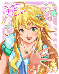 Rule 34 | 1girl, :d, bad id, bad pixiv id, blonde hair, blue shirt, bracelet, butterfly necklace, grey eyes, hair between eyes, highres, hoshii miki, idolmaster, idolmaster (classic), jewelry, long hair, looking at viewer, nail polish, open mouth, outstretched hand, pink nails, shirt, short sleeves, smile, solo, tomato (kiiroitomato33), upper body, very long hair