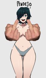 Rule 34 | 1girl, absurdres, aneurysm ax, black hair, blue eyes, blush, breasts, chainsaw man, eyepatch, grey background, highres, hime cut, himeno (chainsaw man), large breasts, looking at viewer, middle finger, open mouth, short hair, simple background, smile, solo, wide hips