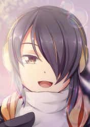 Rule 34 | 10s, 1girl, :d, black hair, brown eyes, bubble, commentary, emperor penguin (kemono friends), hair over one eye, headphones, highres, kemono friends, long hair, looking at viewer, open mouth, portrait, revision, smile, solo, yasume yukito