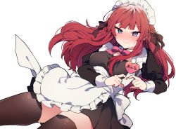 Rule 34 | 1girl, blunt bangs, blush, bow, bowtie, breasts, brown ribbon, brown thighhighs, closed mouth, commentary request, hair ribbon, heart, heart hands, highres, ikeuchi tanuma, long hair, maid, maid headdress, medium breasts, original, pink bow, pink bowtie, purple eyes, red hair, ribbon, simple background, solo, thighhighs, thighs, white background