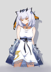 Rule 34 | 1girl, absurdres, animal ears, arknights, bare shoulders, bird ears, black ribbon, breasts, bright pupils, closed mouth, collarbone, cropped legs, dress, grey background, grey jacket, hair ornament, highres, jacket, long hair, looking at viewer, medium breasts, mrdaji, open clothes, open jacket, orange eyes, ptilopsis (arknights), ribbon, simple background, solo, white dress, white hair