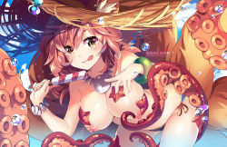 Rule 34 | 1girl, :q, animal ears, artist name, bent over, bikini, bikini bottom only, blue bikini, blue sky, blush, breasts, brown eyes, bubble, cleavage, closed mouth, cloud, day, ears through headwear, fate/grand order, fate (series), fingernails, food, fox ears, fox girl, fox tail, hair between eyes, hands up, hanging breasts, hat, holding, holding food, ice cream, large breasts, long hair, looking at viewer, multiple tails, navel, nipples, outdoors, pink hair, side-tie bikini bottom, sky, smile, solo, squchan, starfish, straw hat, suction cups, swimsuit, tail, tail raised, tamamo (fate), tamamo no mae (fate/extra), tamamo no mae (swimsuit lancer) (fate), tentacles, tongue, tongue out, topless, watermark, web address