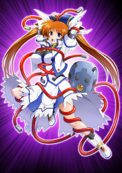 Rule 34 | 1girl, arms up, bdsm, brown hair, commission, highres, long hair, lyrical nanoha, mahou shoujo lyrical nanoha strikers, open mouth, purple background, purple eyes, restrained, robot, skeb commission, solo, takamachi nanoha, takamachi nanoha (exceed mode), teeth, tentacles, tsukamoto takashi, twintails