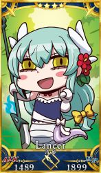 Rule 34 | 1girl, aqua hair, bare shoulders, blush stickers, bow, chibi, fate/grand order, fate (series), gloves, hair bow, highres, holding, holding naginata, holding weapon, kiyohime (fate), kiyohime (fate/grand order), kiyohime (swimsuit lancer) (fate), kiyohime (swimsuit lancer) (second ascension) (fate), lamia, long hair, monster girl, official art, riyo (lyomsnpmp), solo, weapon, white gloves, yellow eyes