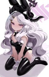 Rule 34 | 1girl, alternate costume, animal ears, bare shoulders, black halo, black horns, black leotard, black thighhighs, blue archive, breasts, cleavage, fake animal ears, falken (yutozin), halo, highres, hina (blue archive), horns, leotard, looking at viewer, playboy bunny, rabbit ears, sitting, small breasts, solo, thighhighs