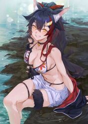 Rule 34 | 1girl, absurdres, animal ear fluff, animal ears, bell, bikini, bikini under shorts, black choker, black hair, breasts, choker, grin, high ponytail, highres, hololive, hxxg, jacket, jingle bell, large breasts, multicolored hair, navel, neck bell, off shoulder, ookami mio, ookami mio (hololive summer 2019), print bikini, red hair, short shorts, shorts, sitting, smile, solo, stomach, swimsuit, tail, teeth, thigh strap, thighs, two-tone hair, virtual youtuber, water, white shorts, wolf ears, wolf girl, wolf tail, yellow eyes