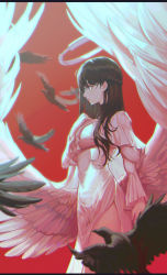 Rule 34 | 1girl, absurdres, angel, angel wings, bird, braid, brown eyes, brown hair, cowboy shot, crow, dress, feathered wings, flying, frilled sleeves, frills, halo, hand on own chest, highres, latin commentary, long hair, long sleeves, low wings, original, red background, solo, white dress, wings, xeonomi