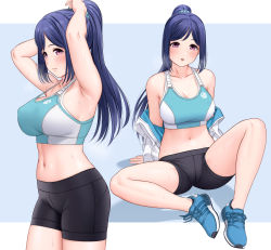 Rule 34 | 1girl, absurdres, adidas, aqua scrunchie, arm behind head, arm support, armpit crease, armpits, arms up, bare arms, bare legs, bare shoulders, bike shorts, black shorts, blue background, blue footwear, blue hair, blush, breasts, cleavage, closed mouth, collarbone, commentary request, covered erect nipples, cowboy shot, drawstring, fingernails, full body, hair ornament, hair scrunchie, high ponytail, highres, jacket, knee up, large breasts, letterboxed, long hair, long sleeves, looking at viewer, looking to the side, love live!, love live! sunshine!!, matsuura kanan, midriff, multiple views, navel, off shoulder, open clothes, open jacket, outside border, parted lips, ponytail, purple eyes, scrunchie, shoes, short shorts, shorts, sideboob, simple background, sitting, smile, sneakers, sports bra, spread legs, standing, stomach, strap gap, sweat, two-sided fabric, two-sided jacket, two-tone sports bra, tying hair, white jacket, yonsi